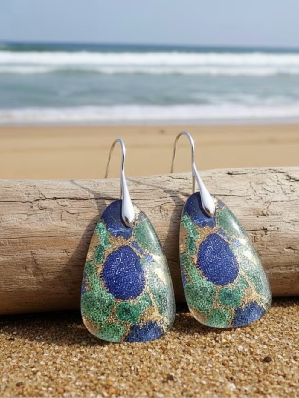 Artisan Blue and Green Enamel Drop Earrings - Picture 3 of 5